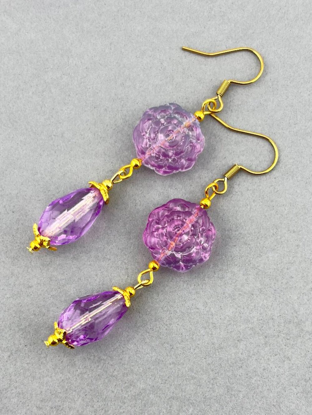 Lavender Glass Flower & Faceted Teardrop Spring Time Handmade Earrings LR251